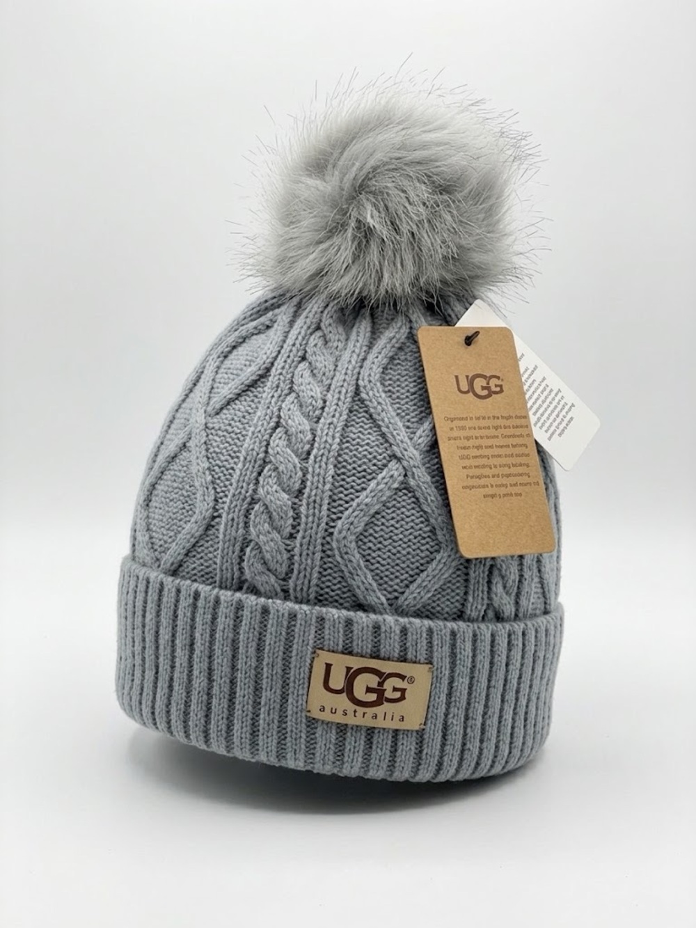 UGG Australia Cable Knit Beanies Hat Touque Faux Fur Lined New NWT Gray winter